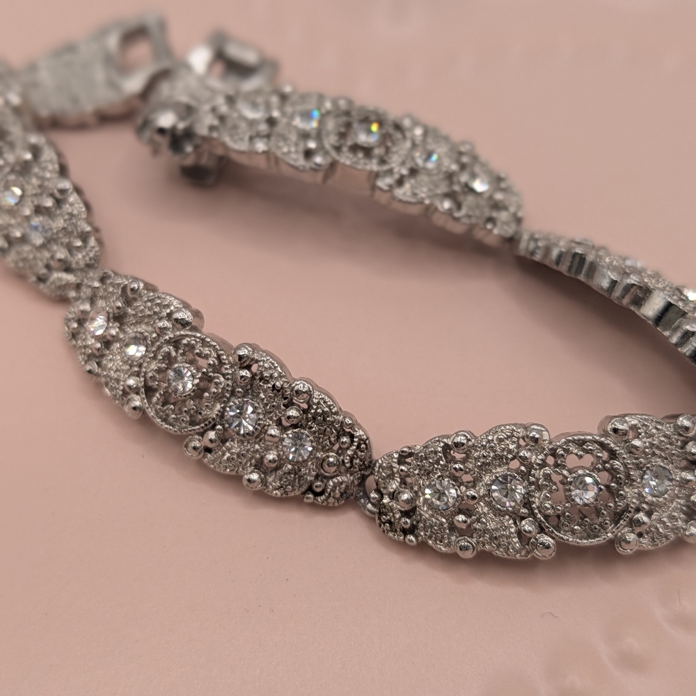 Vintage Silver Tone AB Rhinestone Filigree Panel Bracelet Art Deco Style